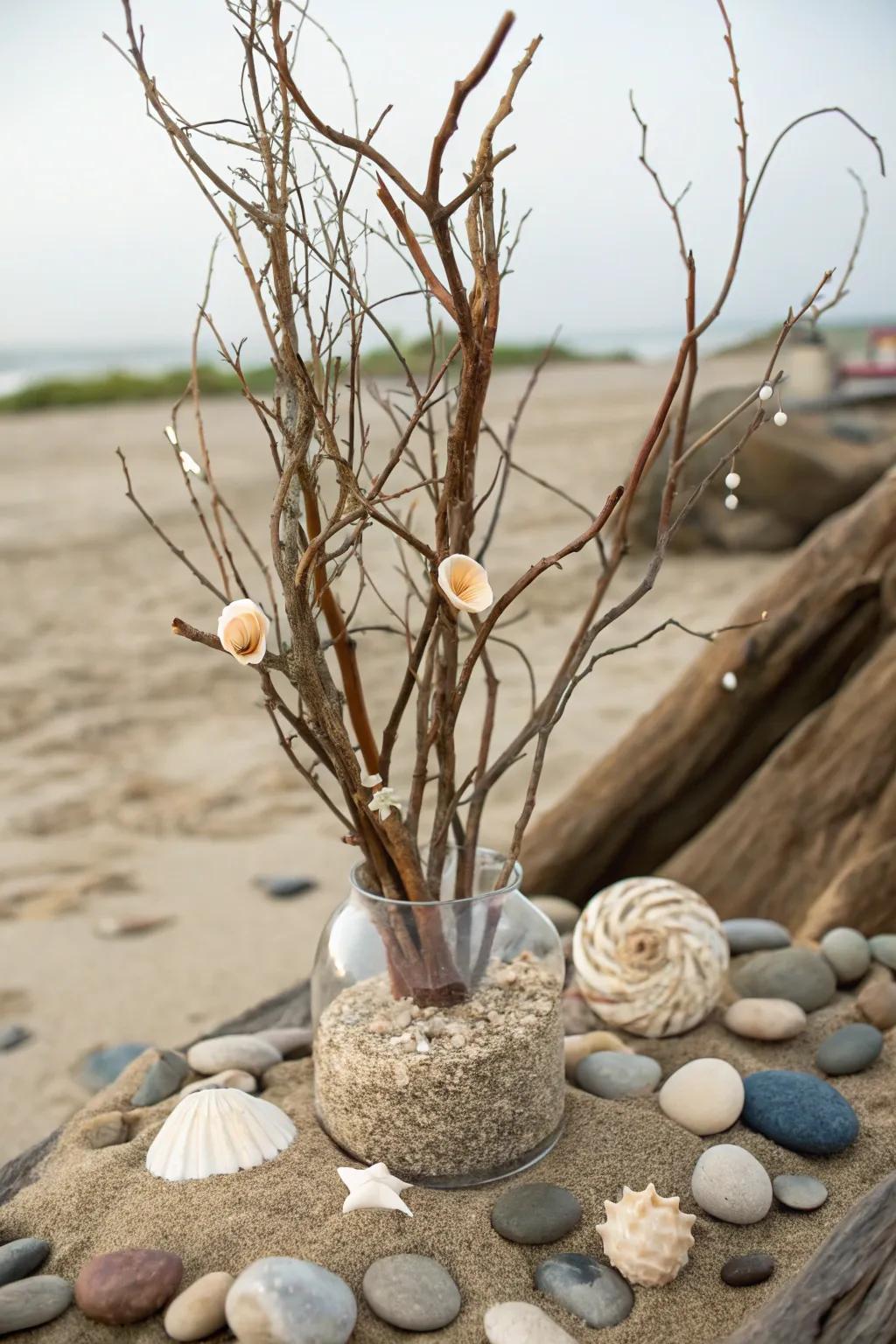 Beachside bliss with shells and sand around manzanita branches.