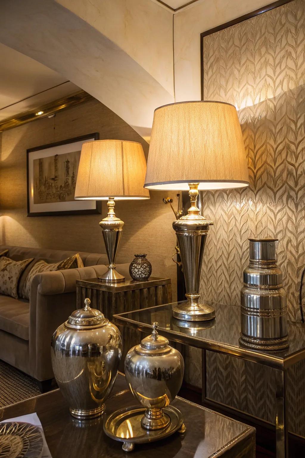 Metallic accents add a sophisticated shimmer to the den.