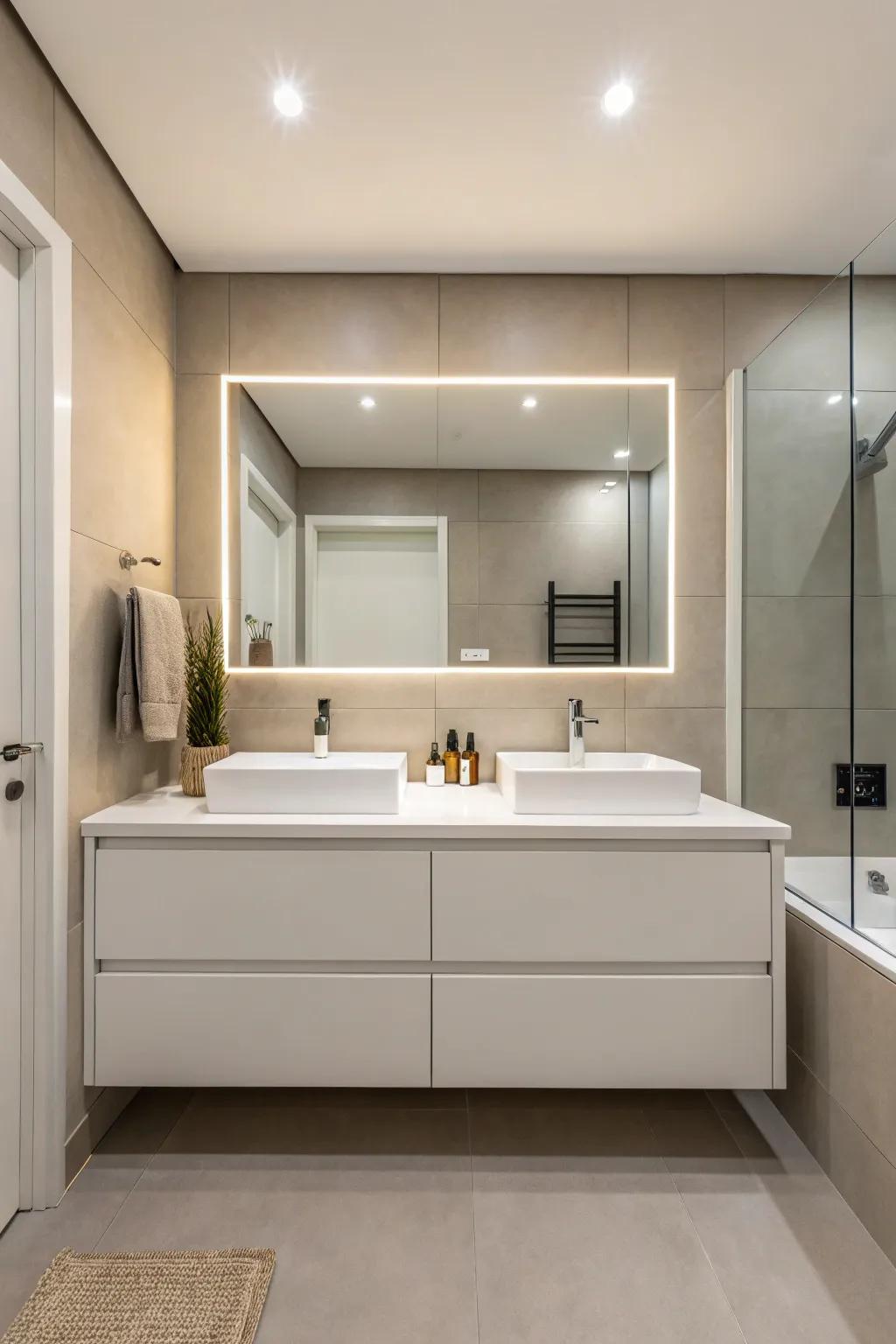 A minimalist bathroom featuring clean lines and a simple vanity design.