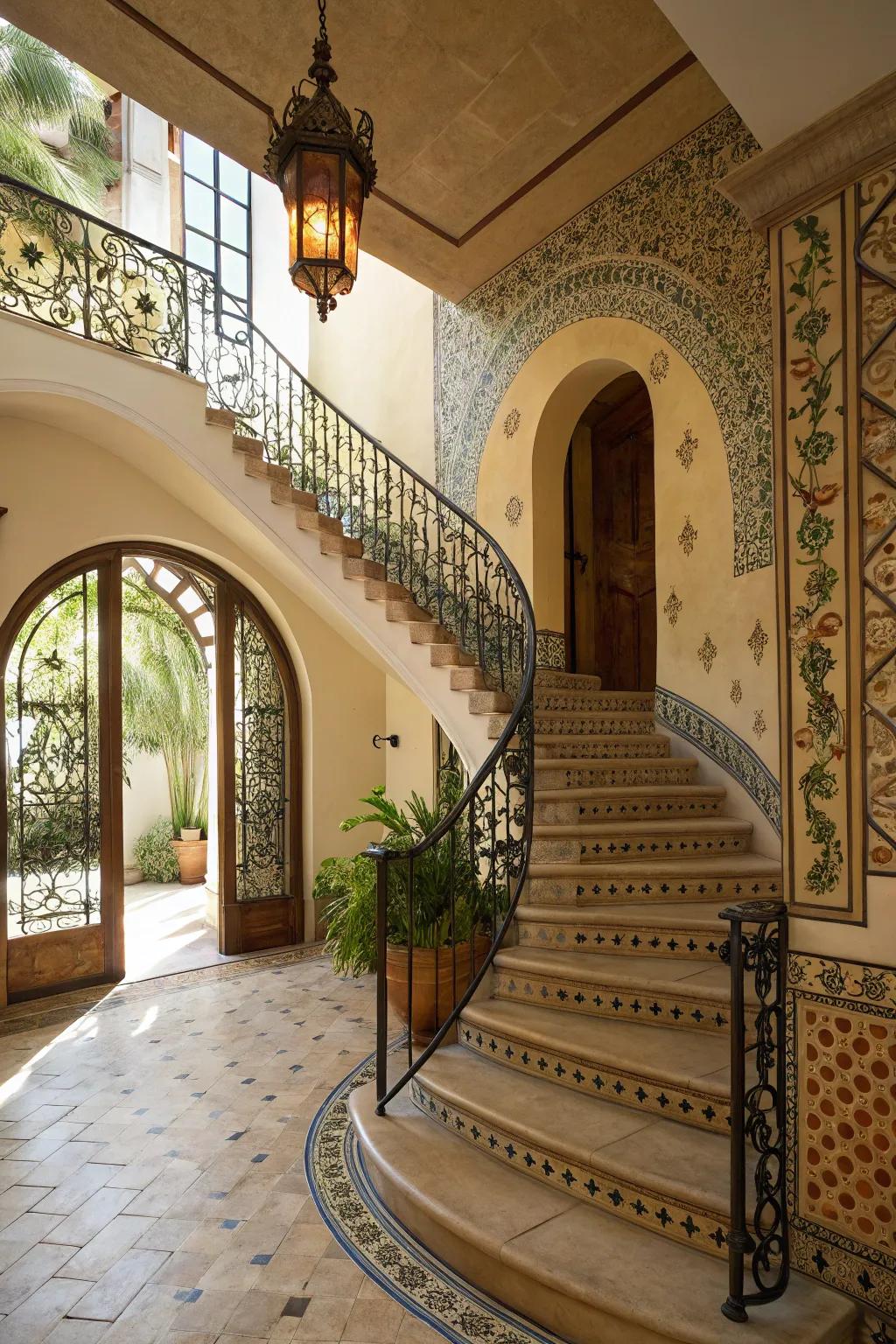 A curved staircase introduces elegance and flow to a Mediterranean-style entry.