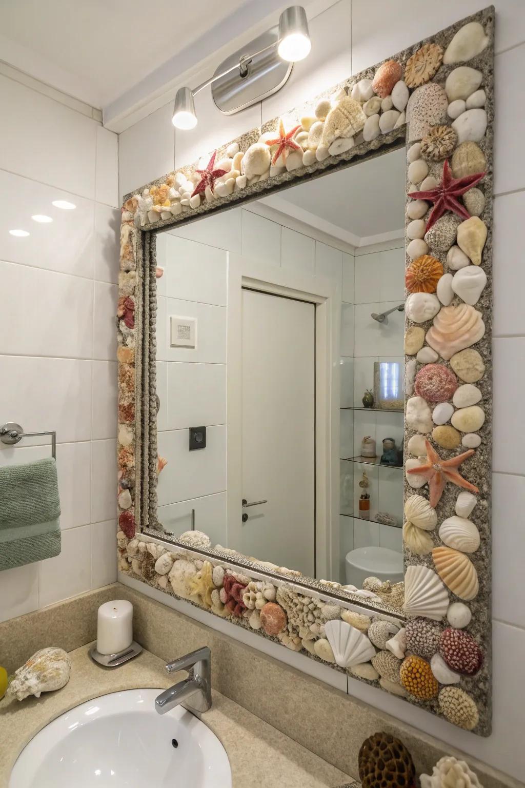 A seashell-framed mirror adds a handmade touch to the decor.