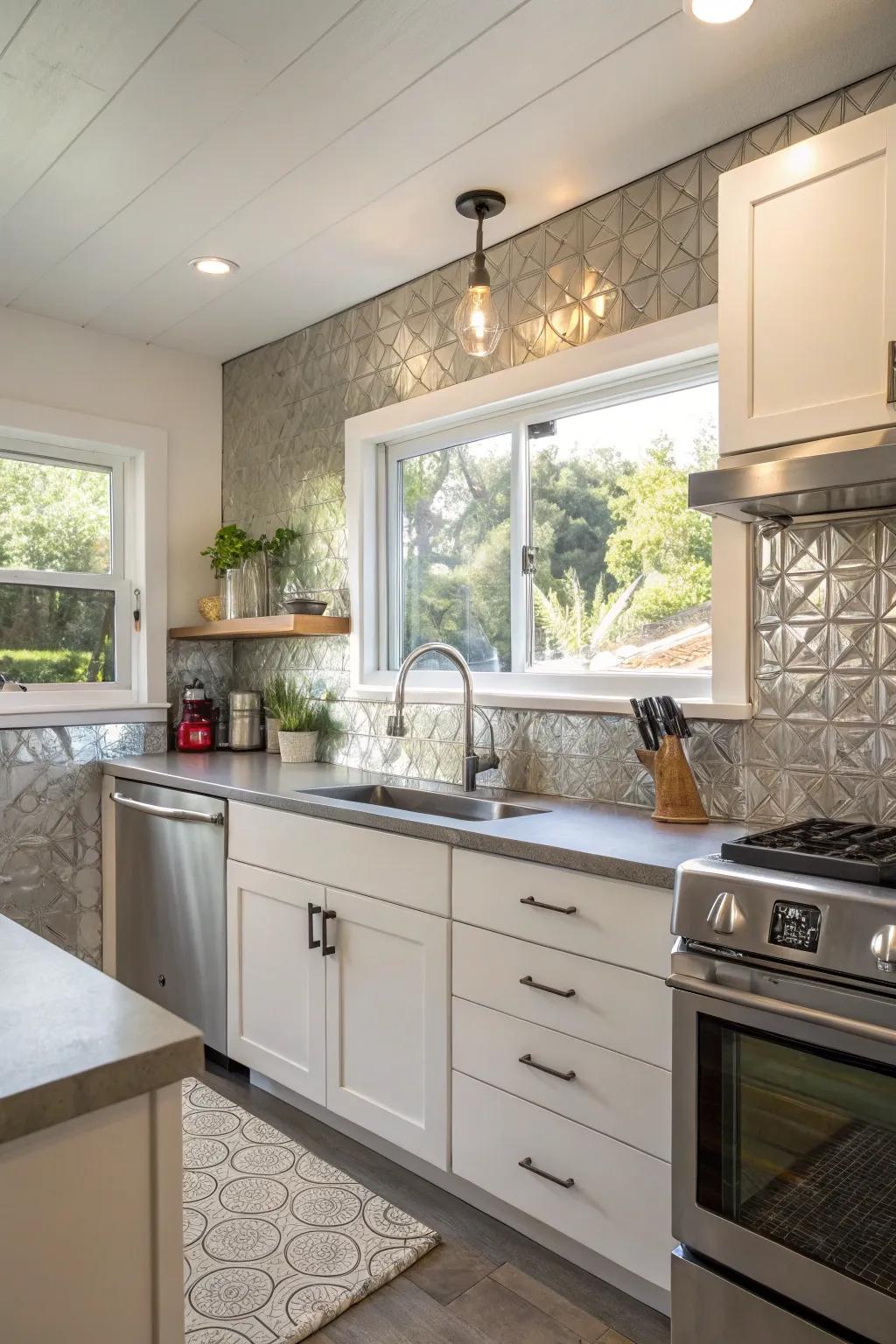 An eco-friendly kitchen with a recycled metal backsplash.