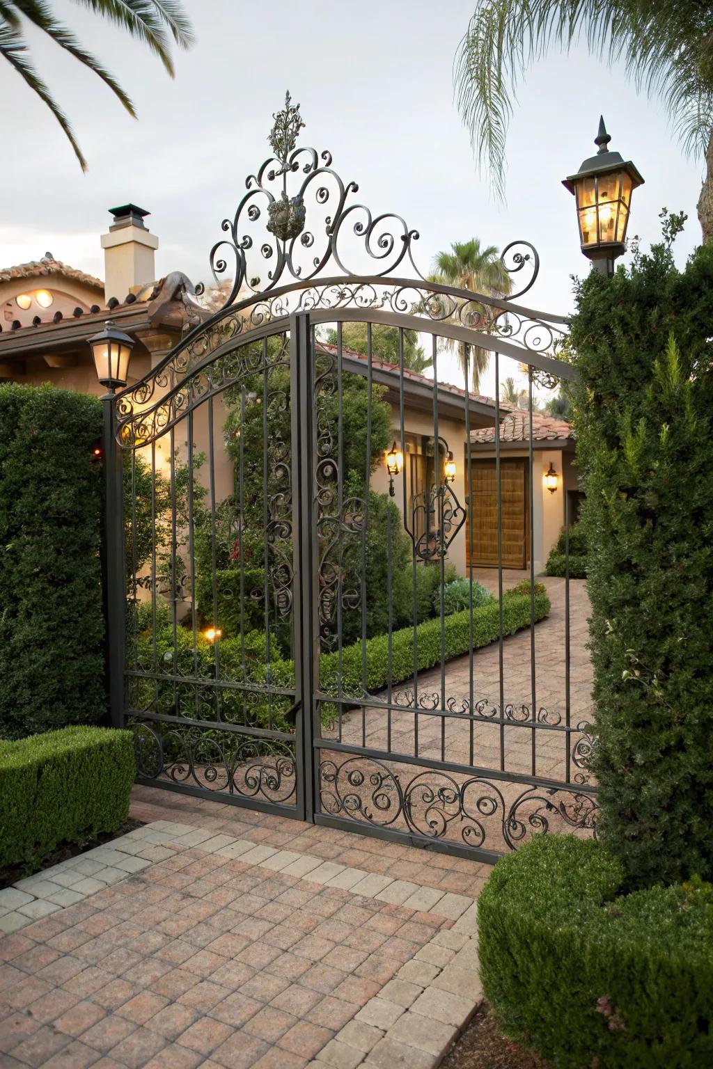 A personalized metal gate with decorative elements that add a unique touch.