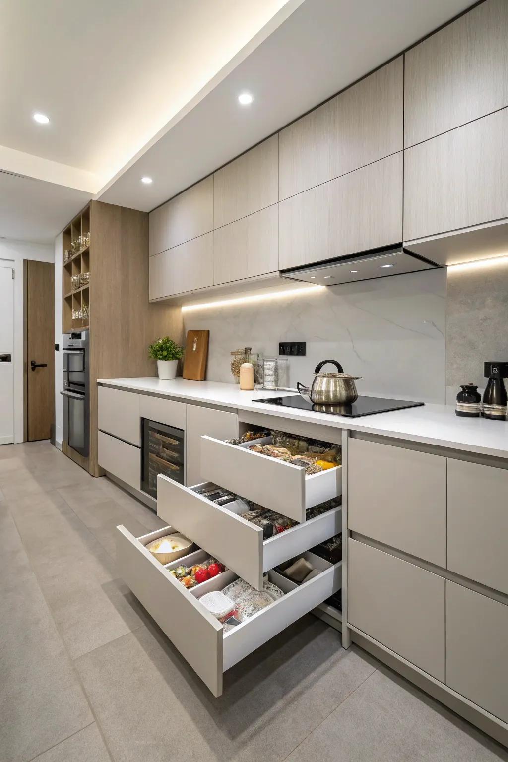 A minimalist kitchen featuring hidden storage to maintain a clutter-free look.