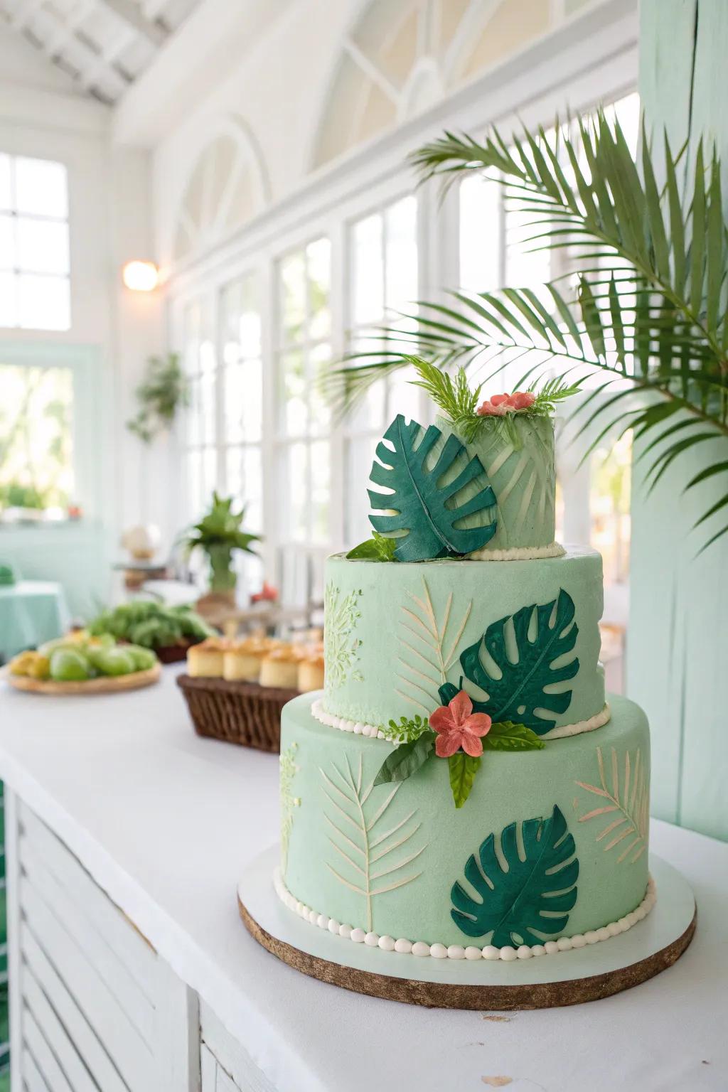 A mint green cake with tropical vibes and decorations.