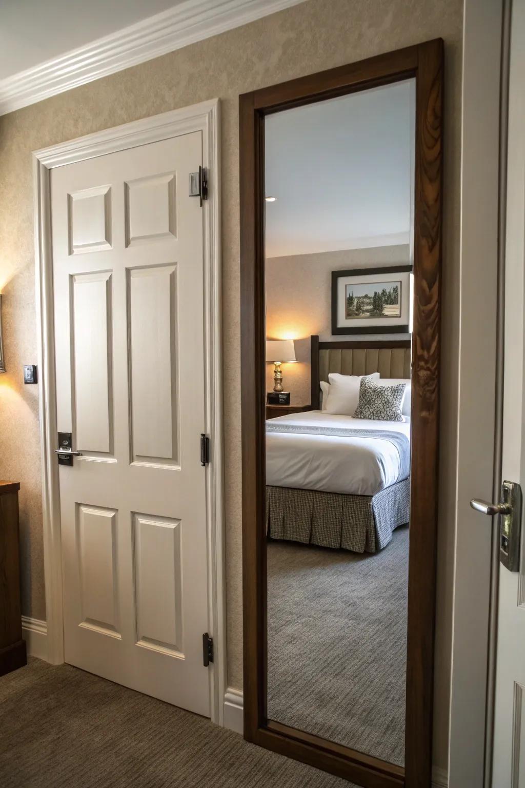 Mirrors behind doors provide full-length views without taking up space.