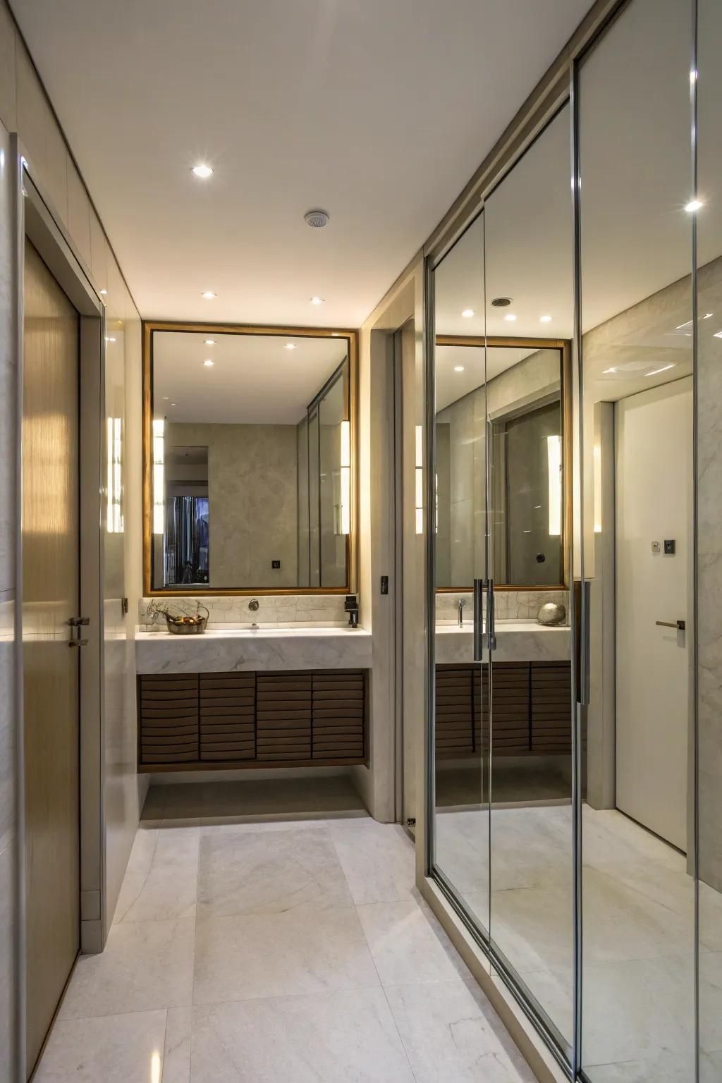 Make bathrooms feel spacious with mirrored closets.