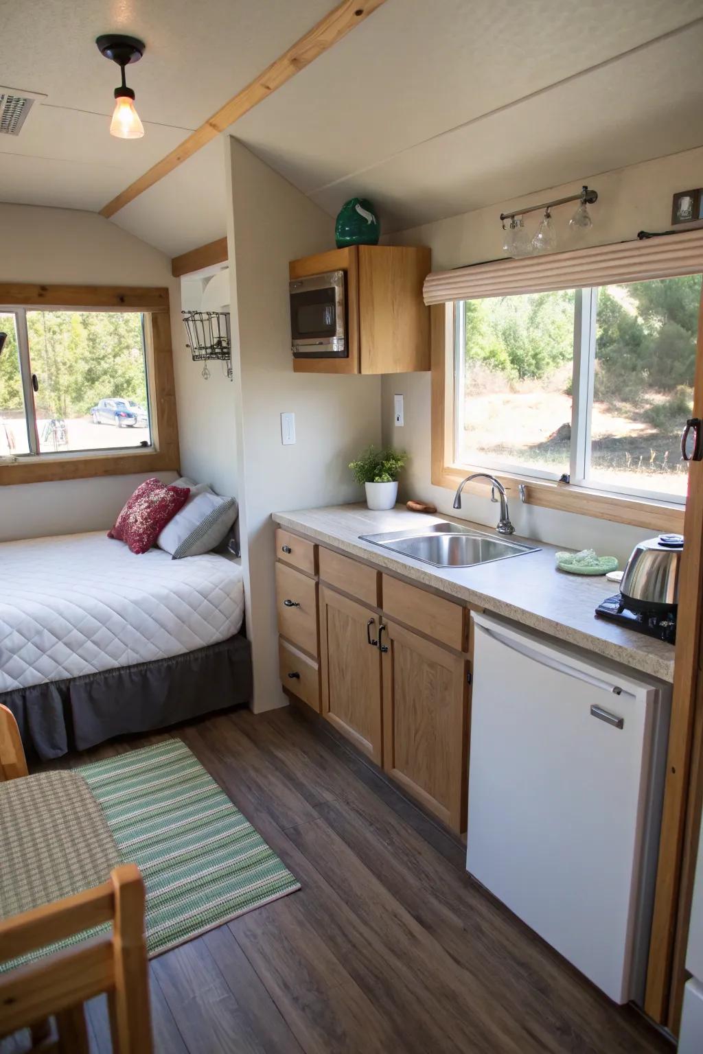 A compact guest suite with a bed and small kitchenette, providing a welcoming space for visitors.