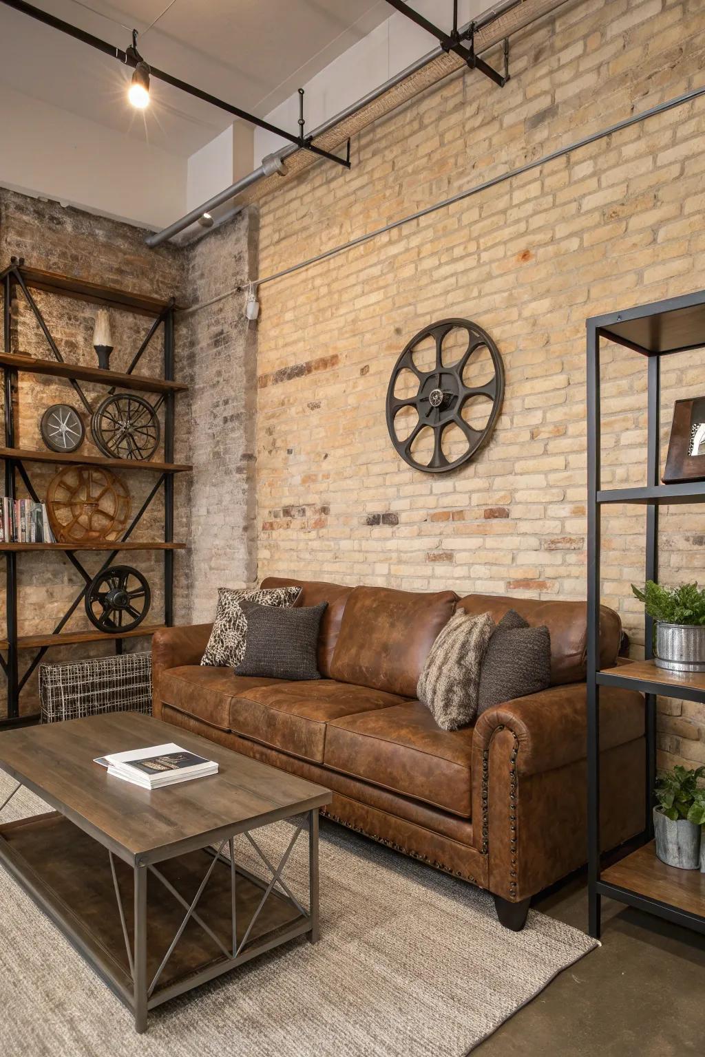 Industrial elements add a trendy edge to the mocha couch area.