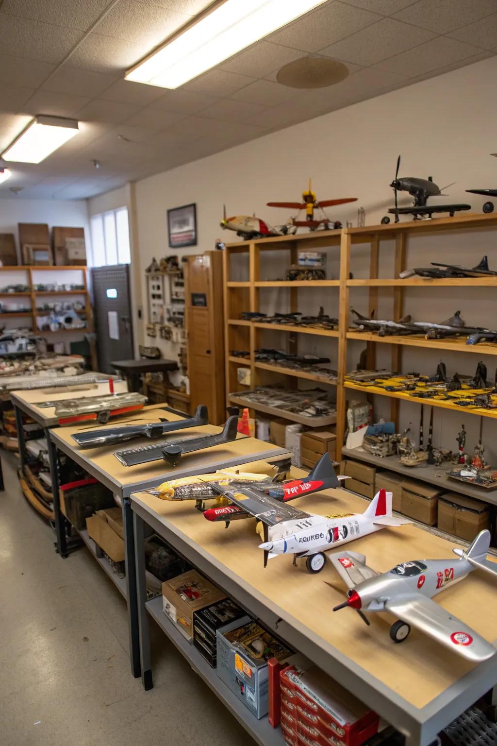 A dedicated room offers a sanctuary for model airplane enthusiasts.