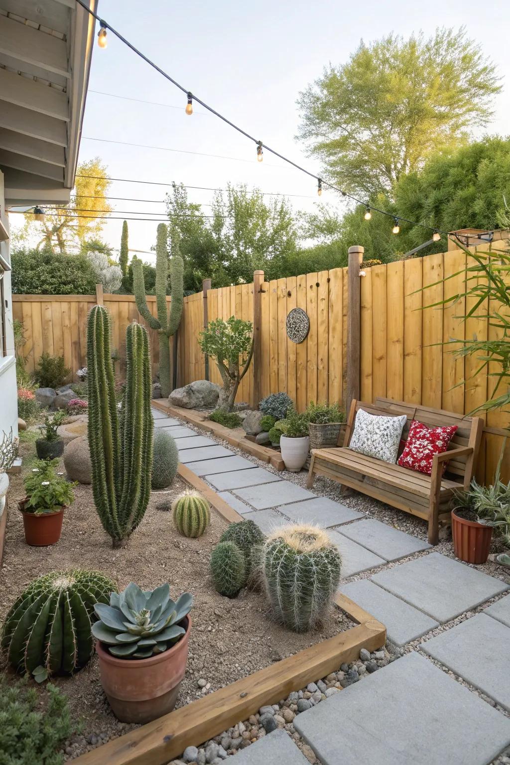 A cozy nook with a striking cactus garden in a backyard.