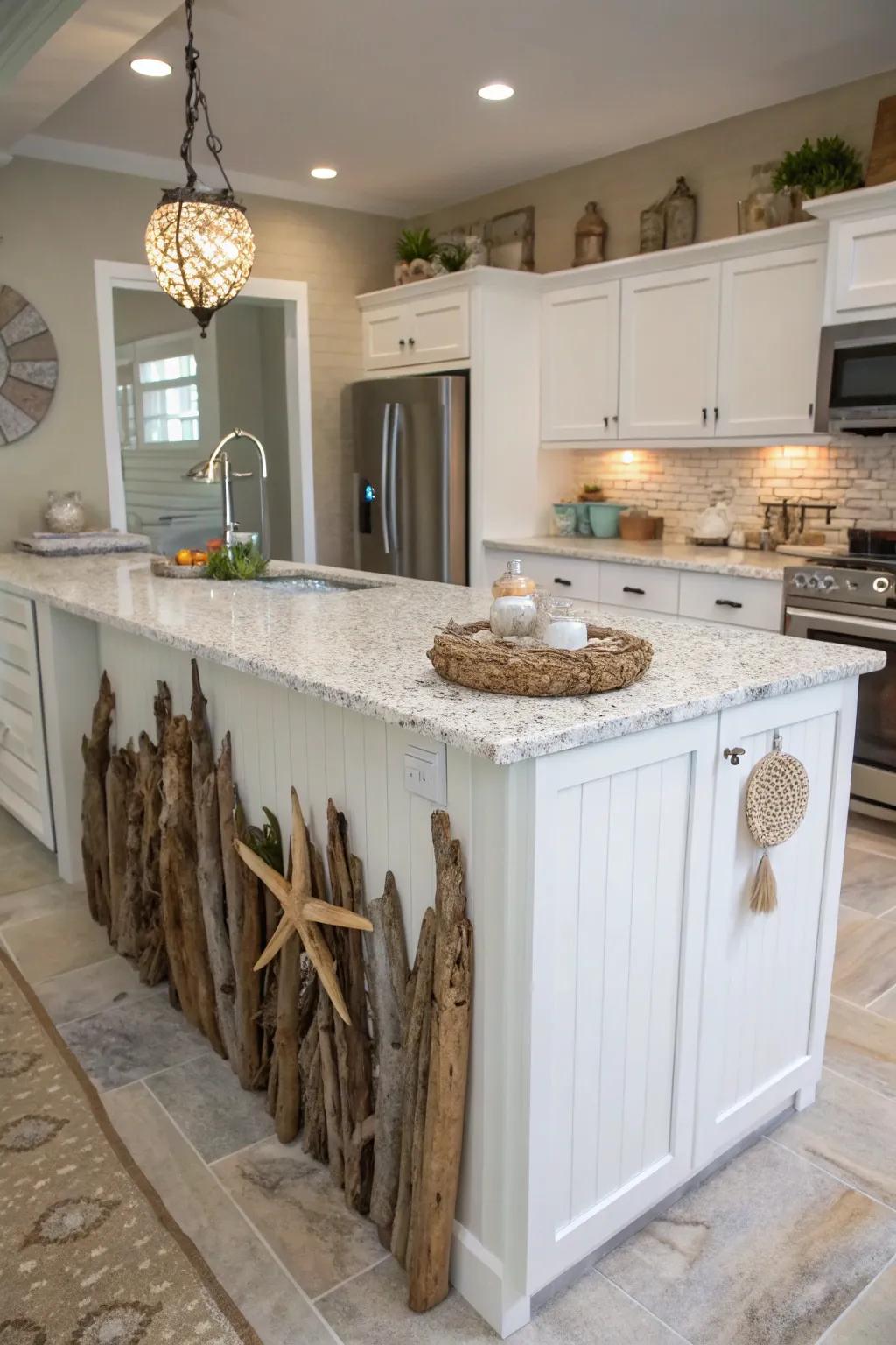 A driftwood-accented island brings the beach indoors.