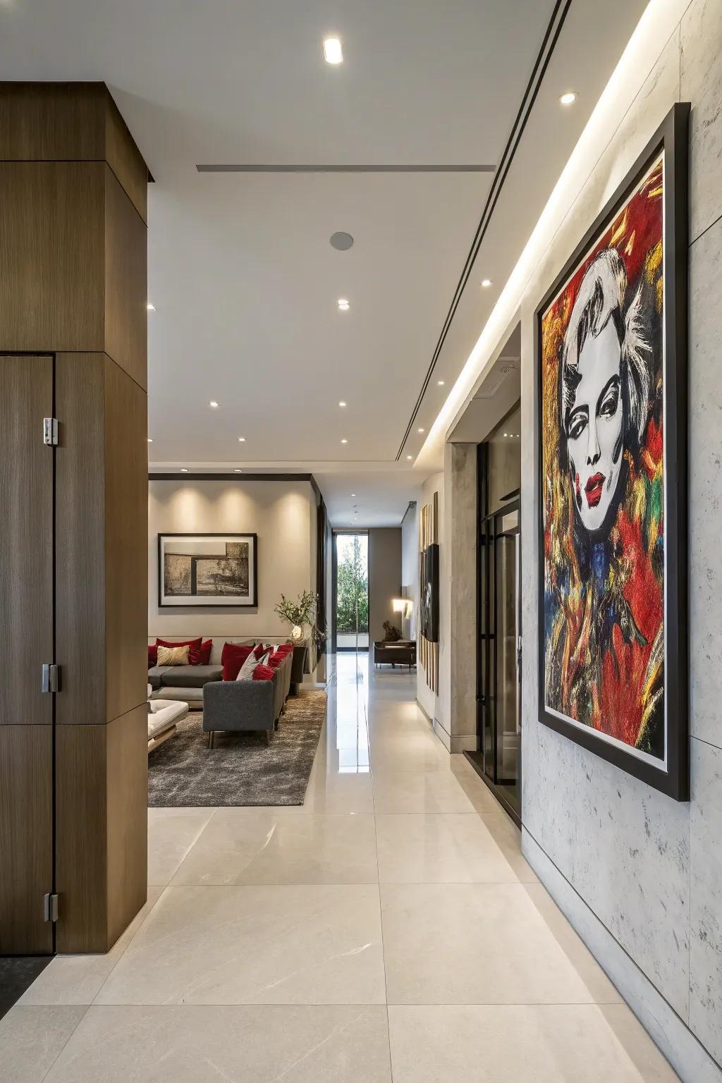 Large-scale art creates a bold focal point in a modern entryway.