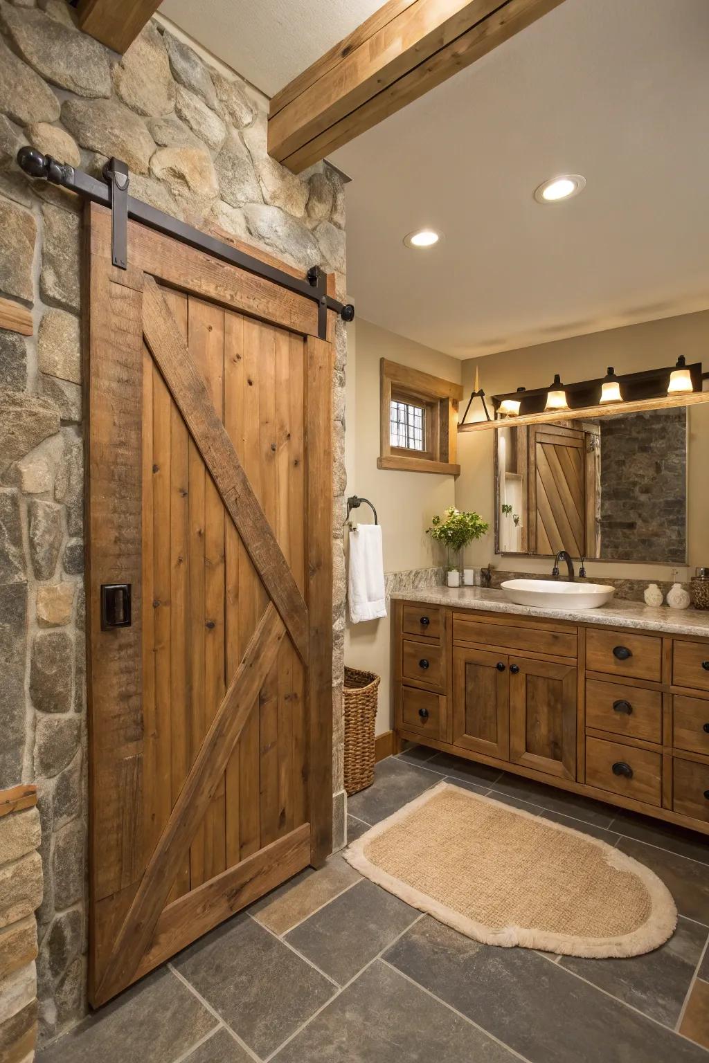 Sliding barn doors offer rustic charm and space-saving functionality.