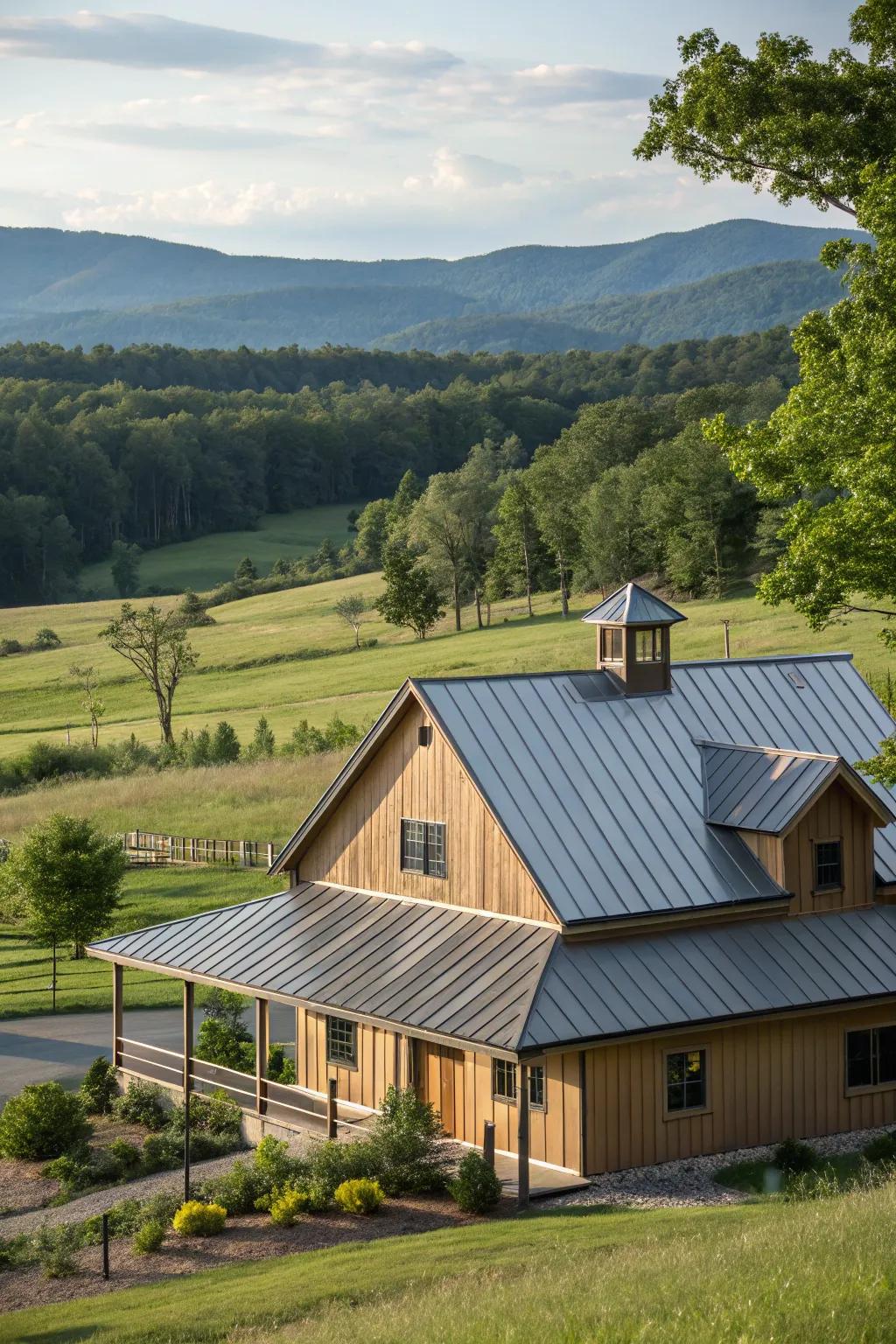 Subtle elegance: A farmhouse with an earth-toned metal roof.