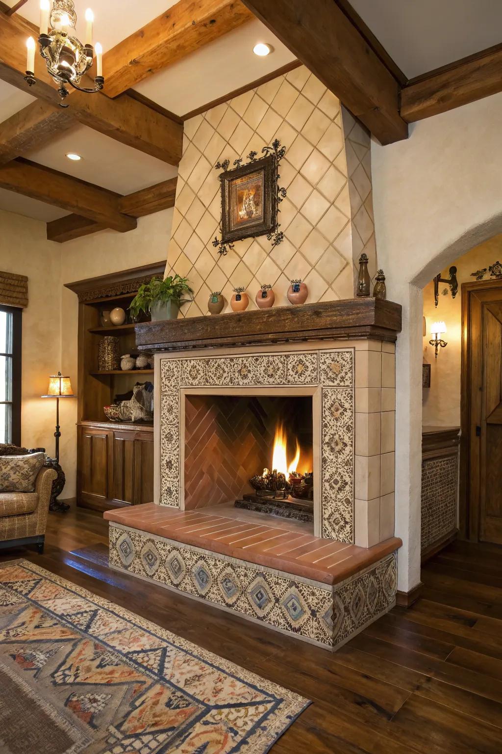 Fireplace with charming handmade-look tiles.