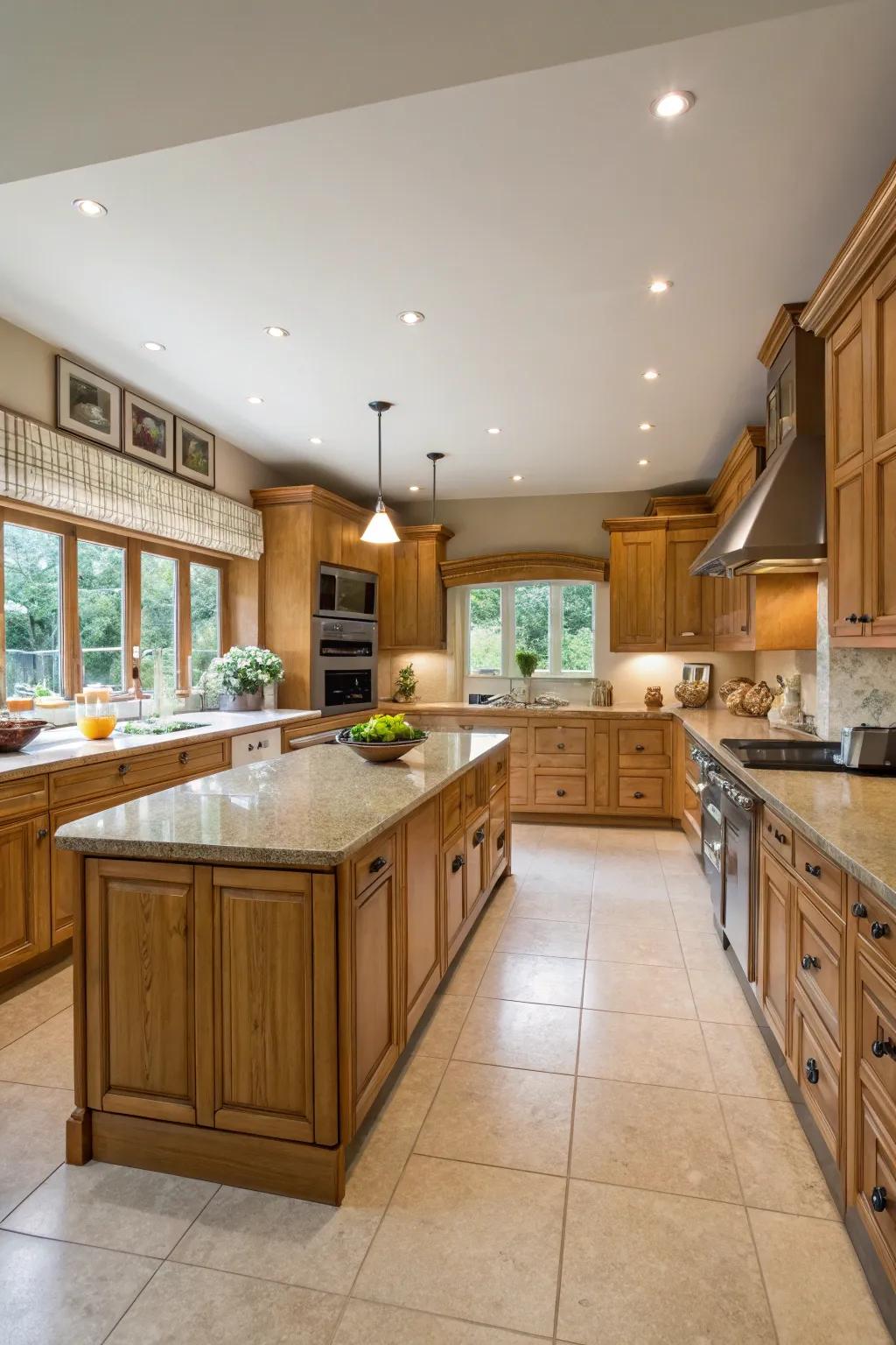 A U-shaped design maximizes space and storage in kitchens with oak cabinets.