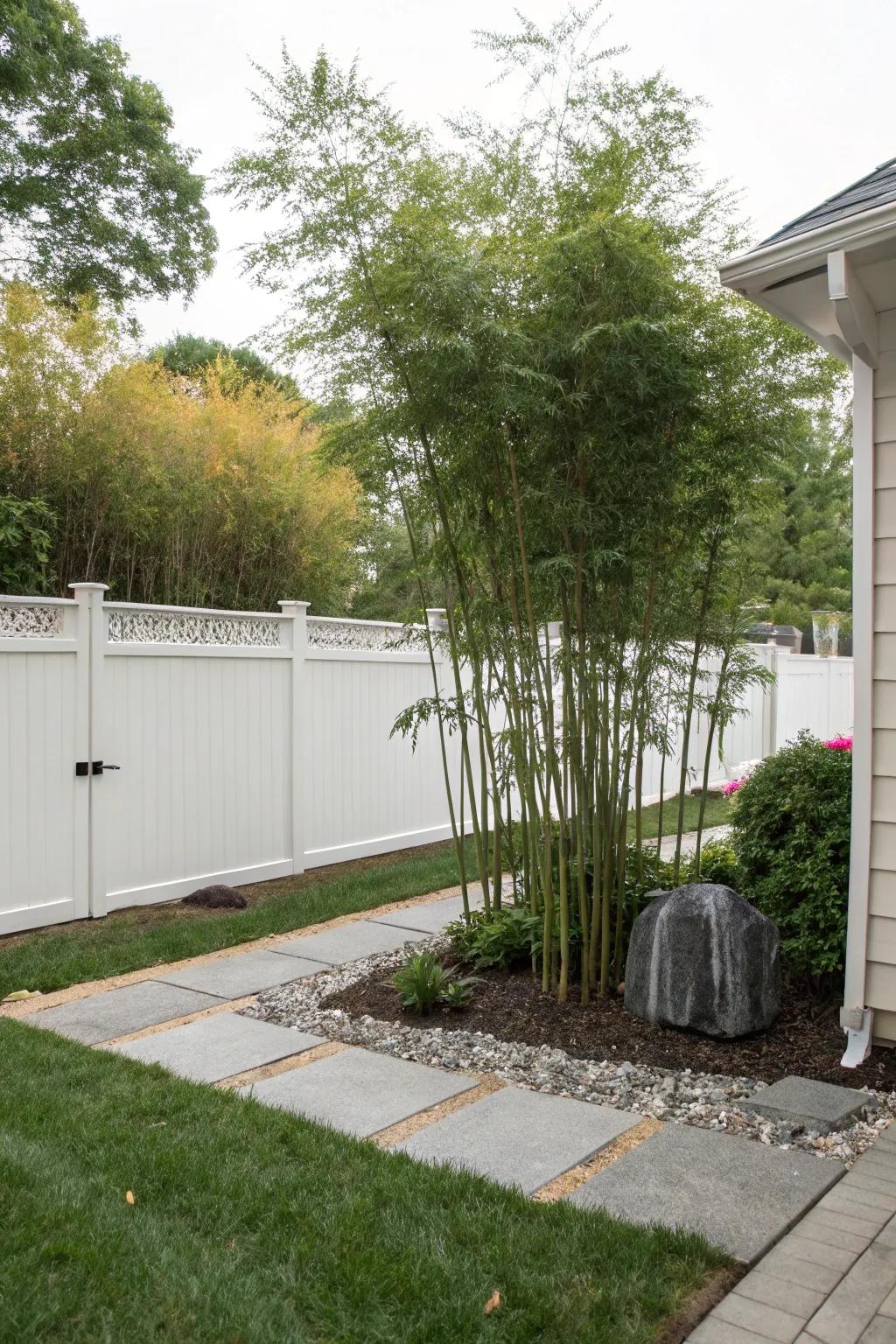 A serene Zen corner with bamboo in a modern front yard.