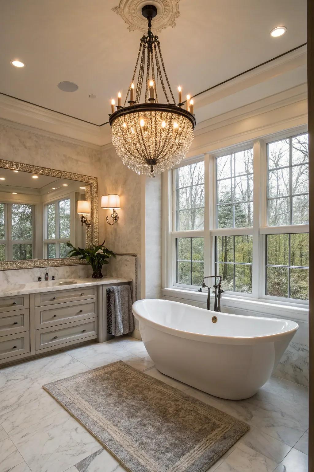 Statement lighting adds glamour to the bathroom space.