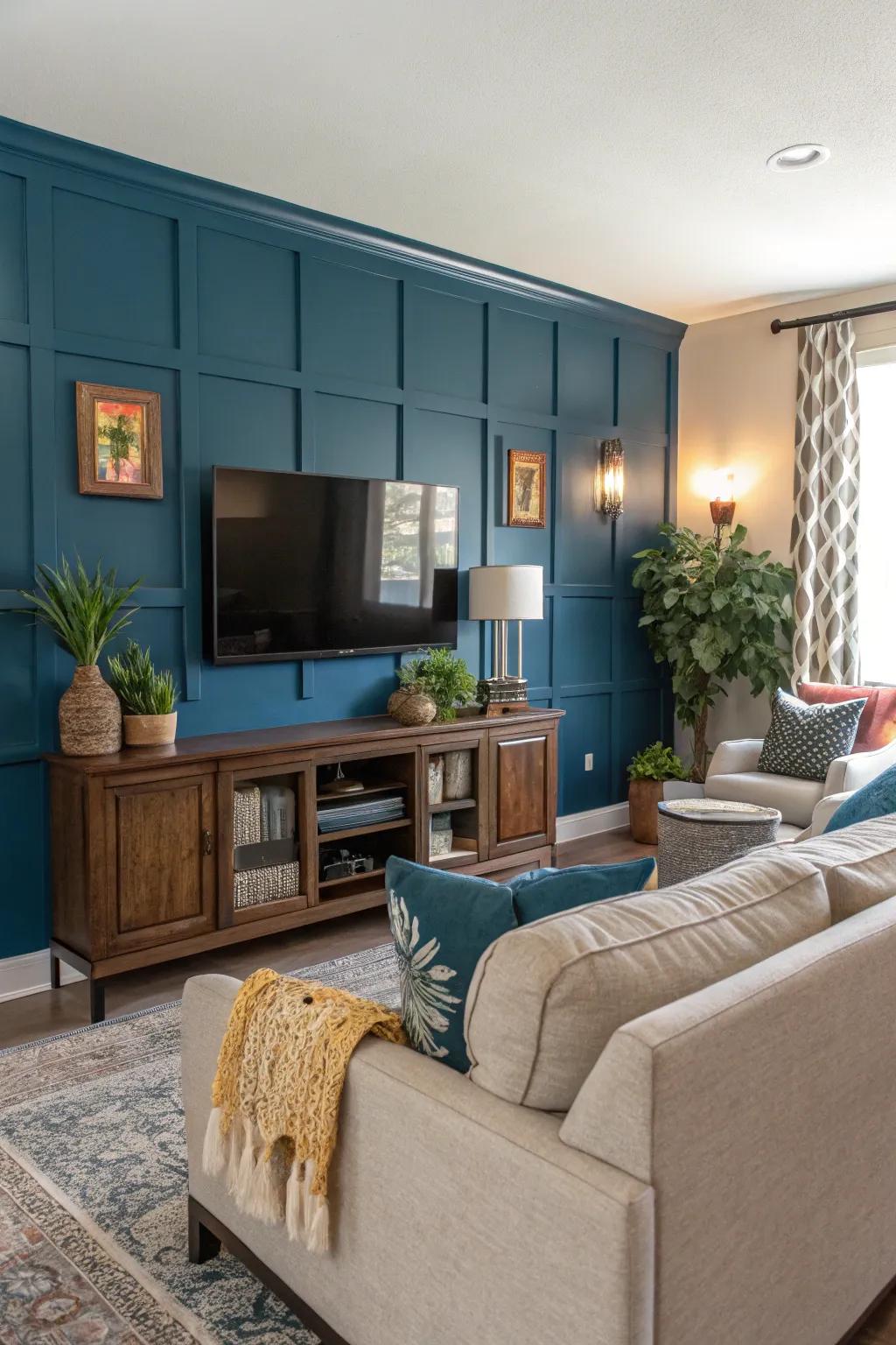 A painted accent wall creates a bold and striking media wall.