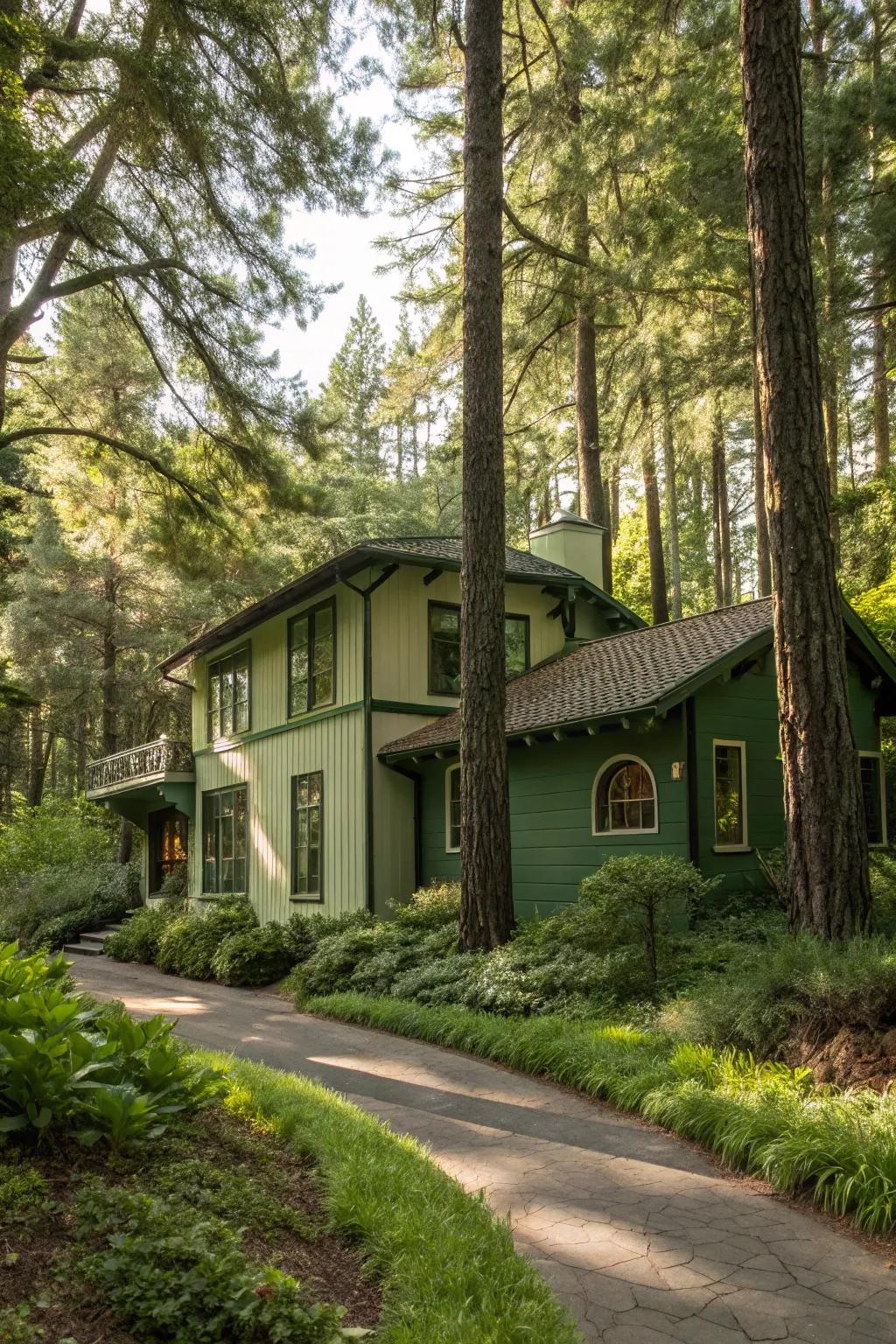 Nature-inspired green stucco home in a forest setting.