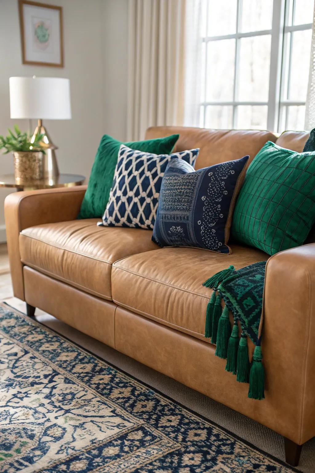 Bold colors add depth to a tan leather sofa.