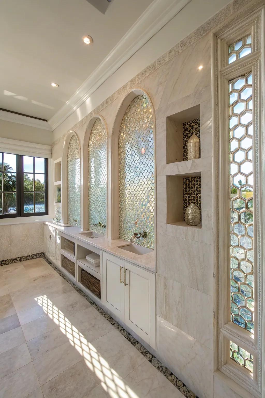 Decorative niches lined with mother of pearl tiles add both style and functionality.