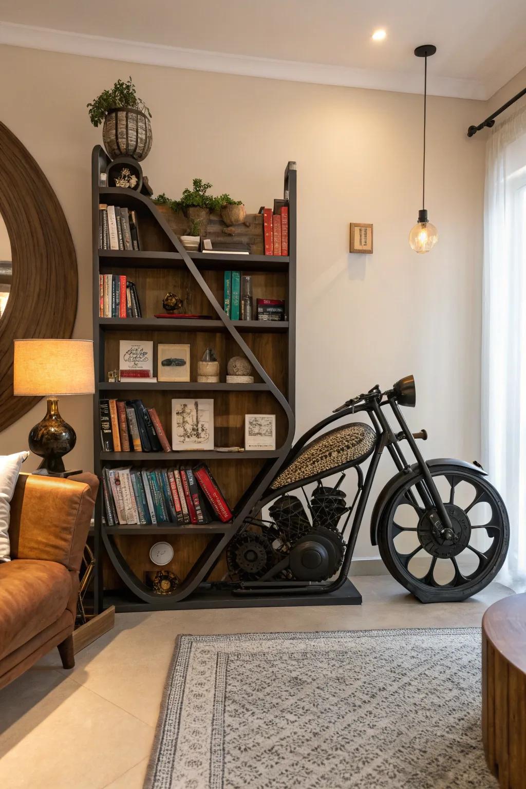 A unique bookshelf inspired by motorcycle design.