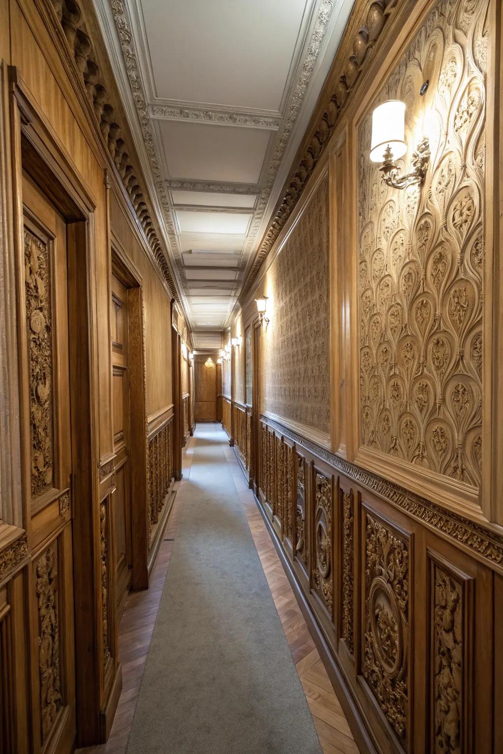 Molding adds depth and sophistication to hallway walls.