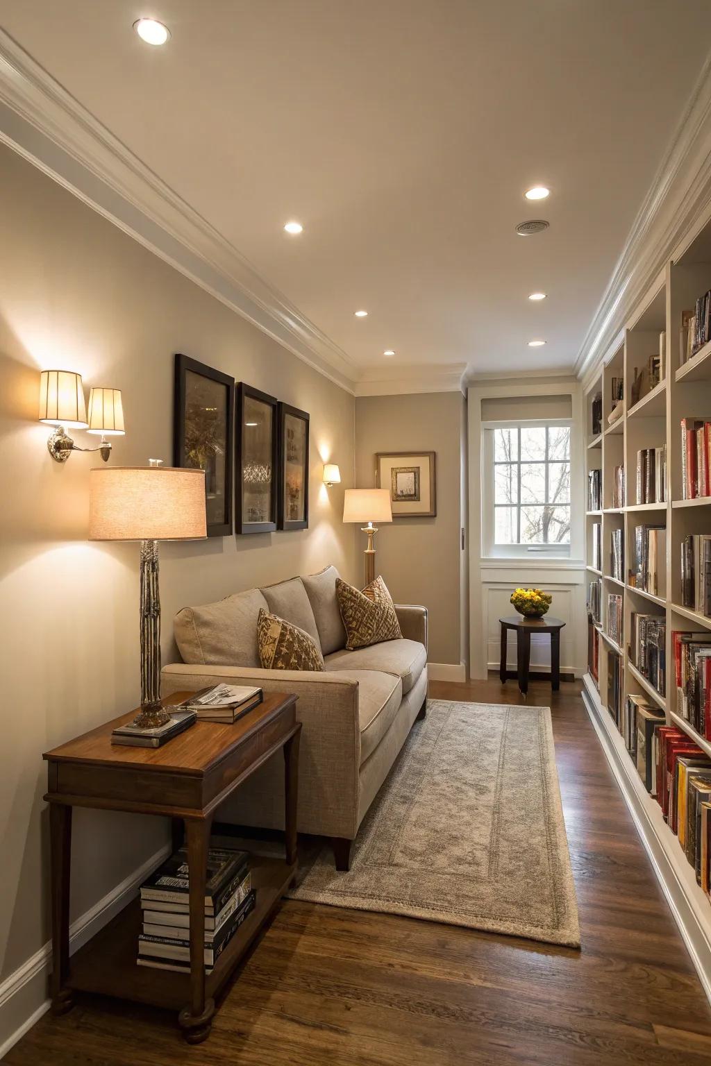 Layered lighting creating depth in a narrow living room.