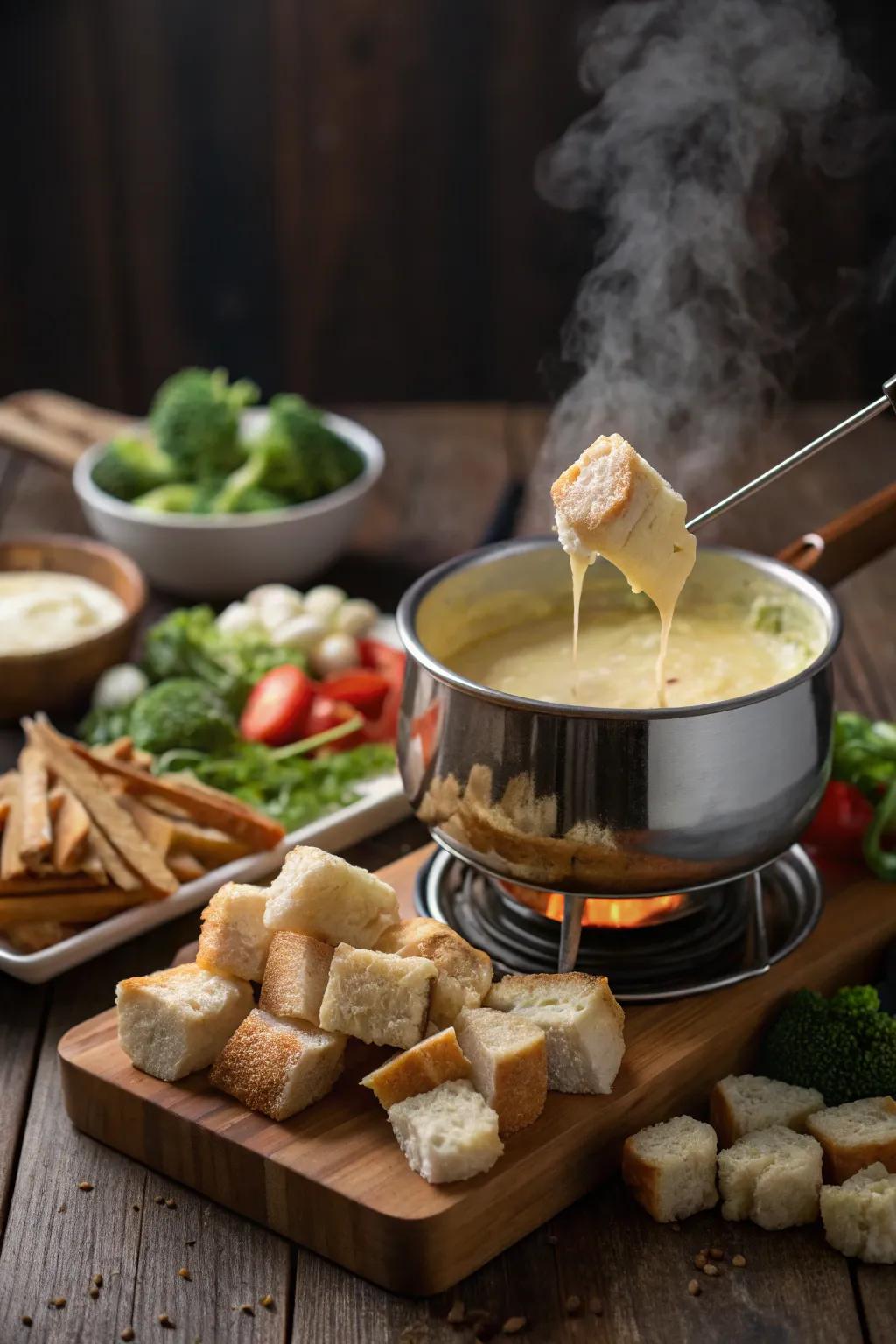 Cozy cheese fondue for a communal dining experience.