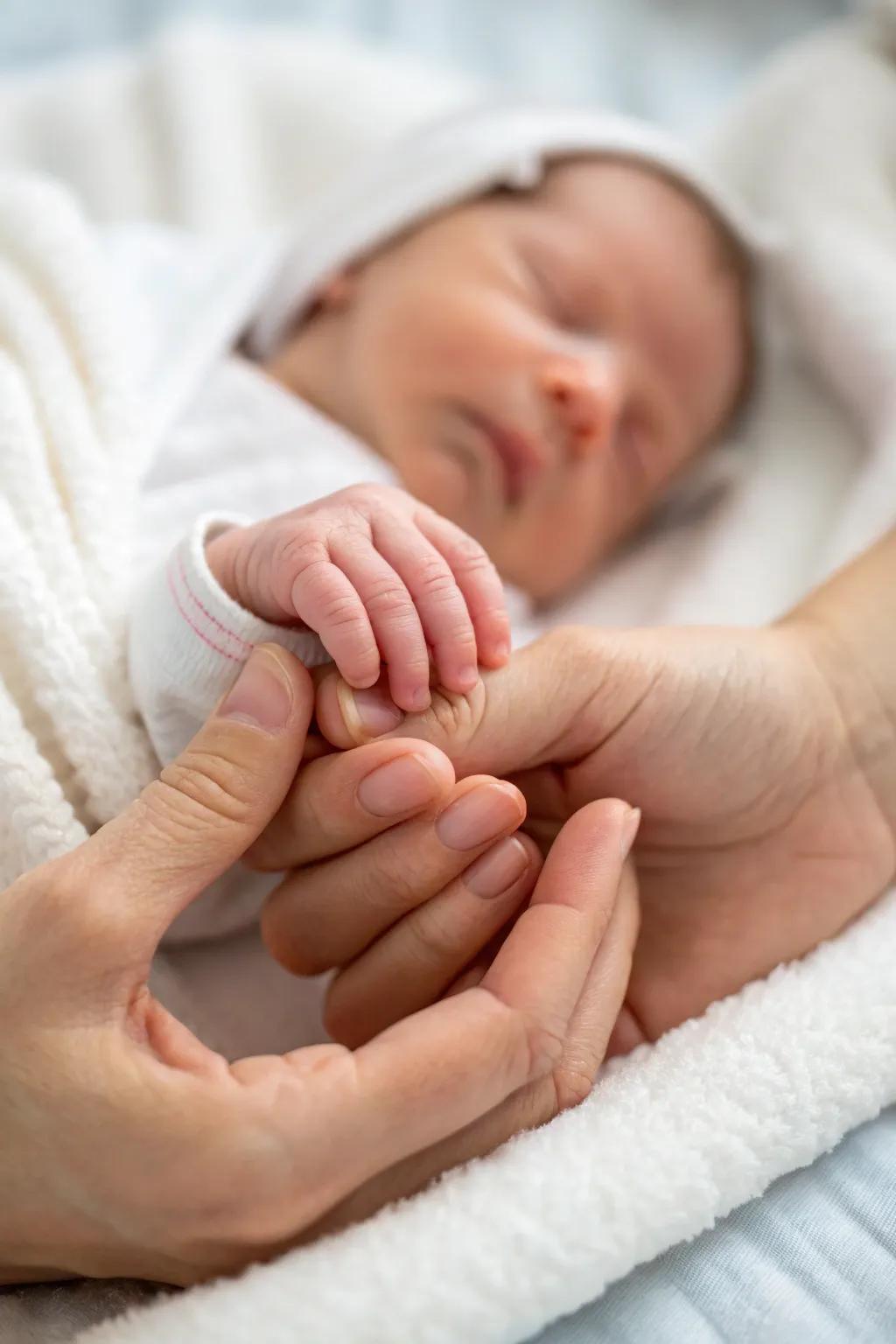 A touching moment captured with parent's hands holding the newborn.