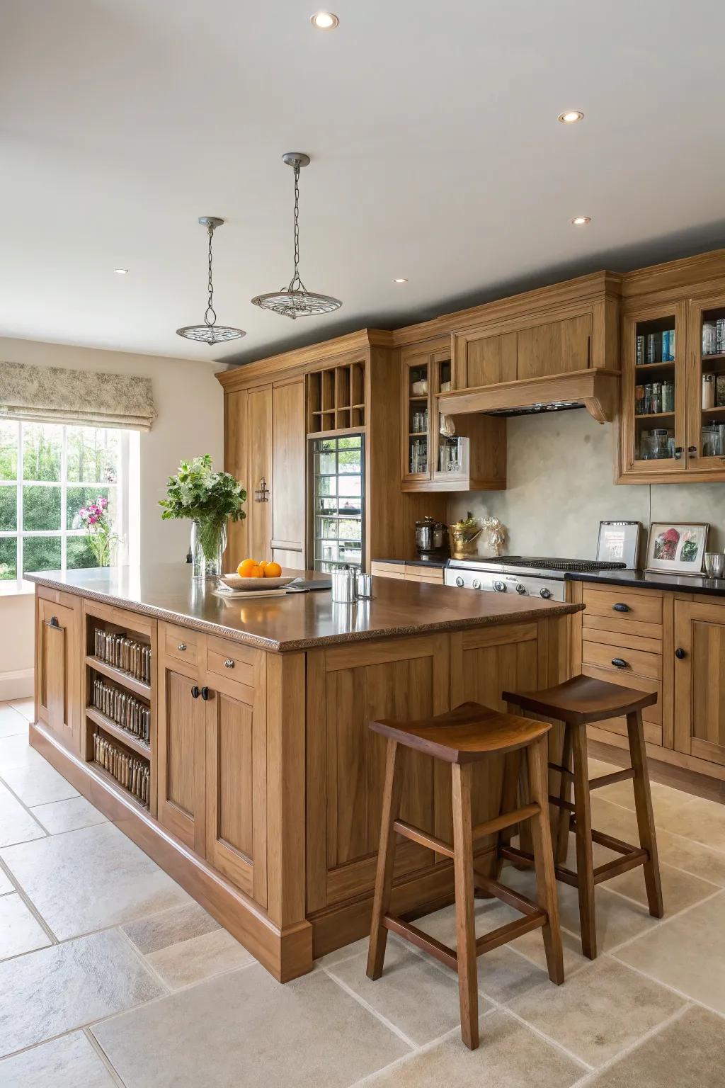 A kitchen island adds functionality and style to oak kitchens.