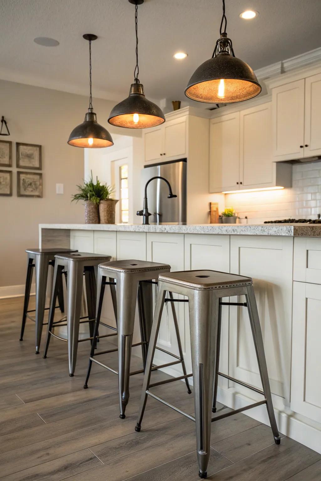 Industrial touches add edge to off-white kitchens.