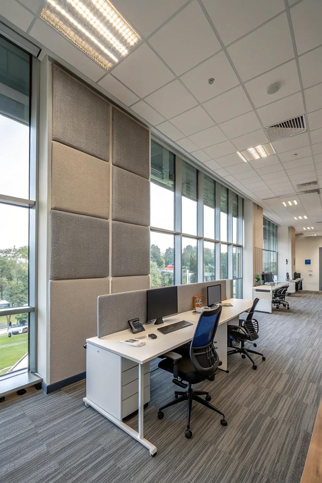 Acoustic panels providing noise control in an open-plan office.