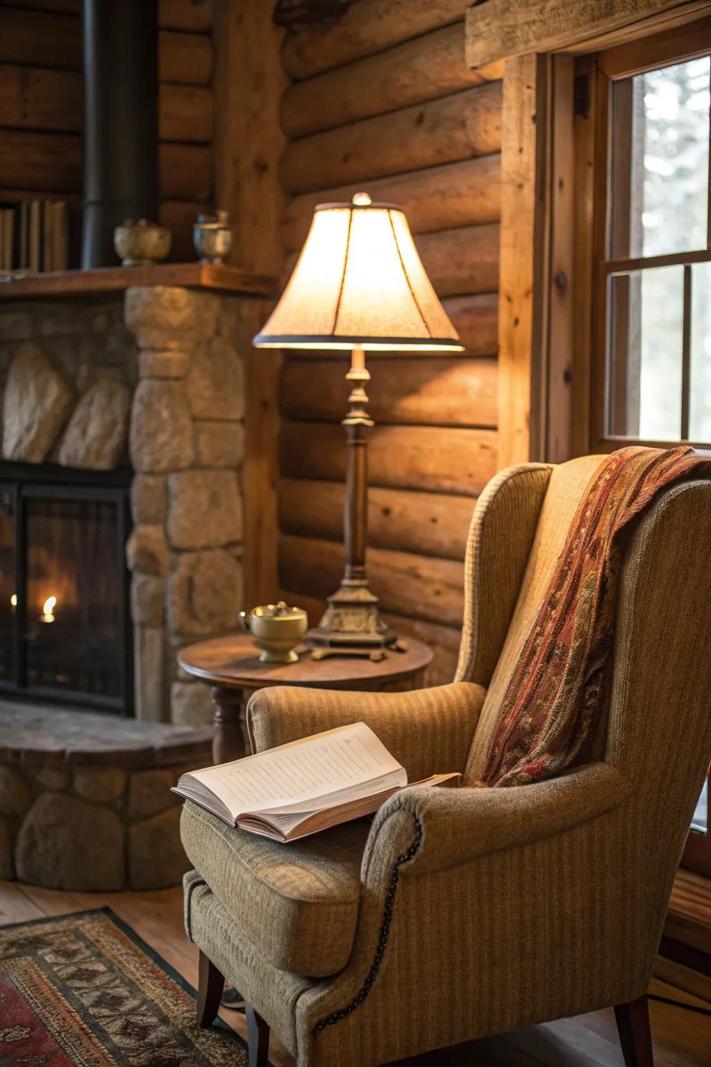 A cozy reading nook in a rustic lodge featuring a comfortable armchair and lamp.