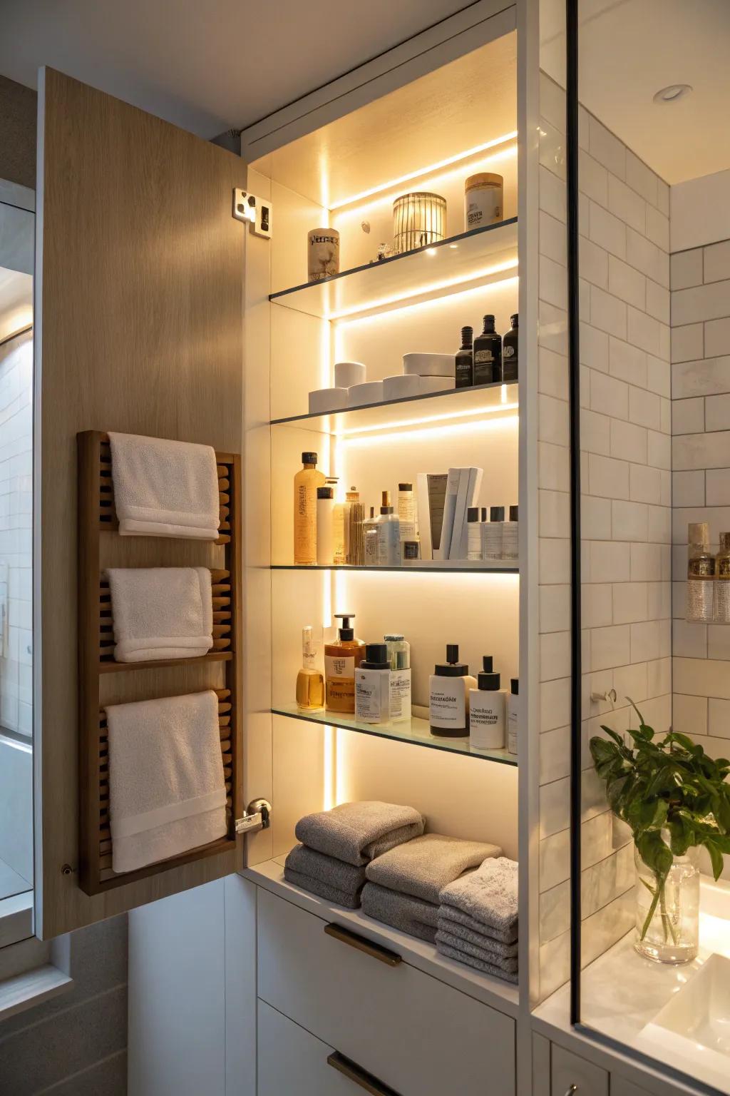 Hidden lighting highlights the beauty of open bathroom shelves.