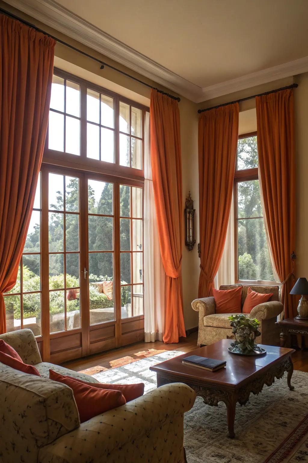 Natural light enhancing the warmth of orange curtains.