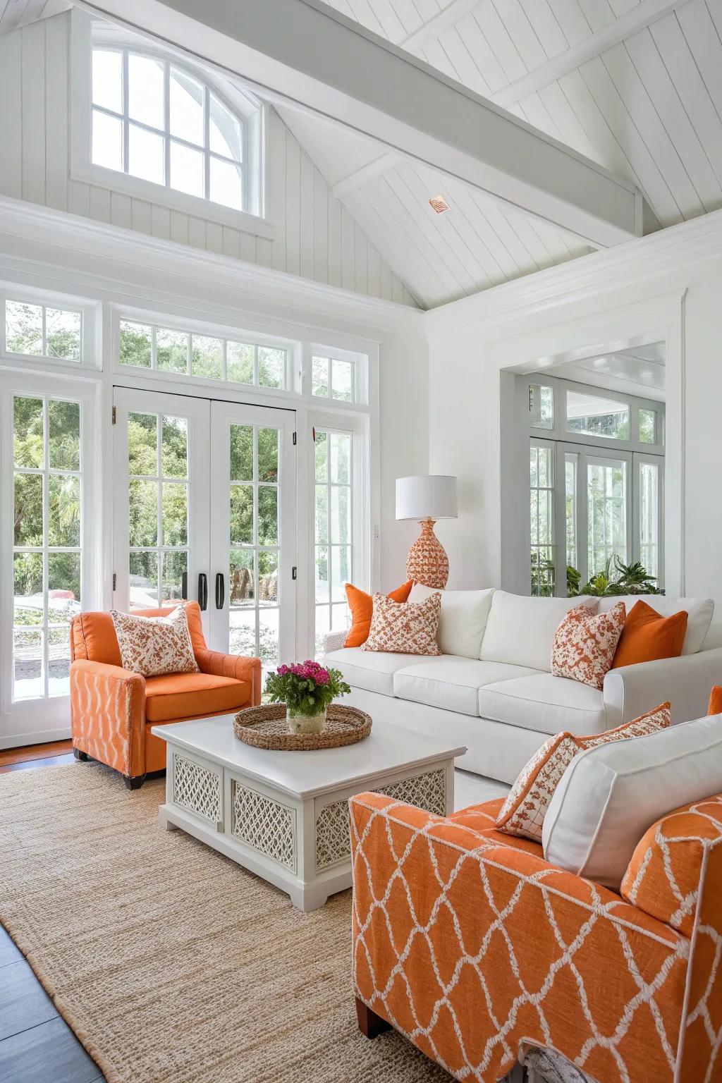 A fresh and modern living room with an orange and white color scheme.