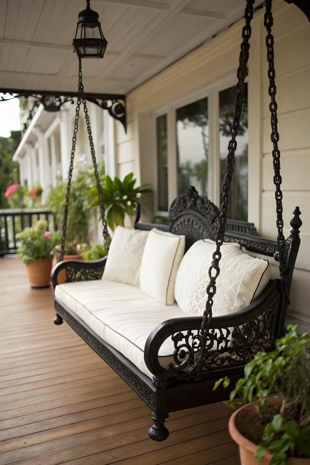 A vintage hanging bench that adds charm and character to this patio.