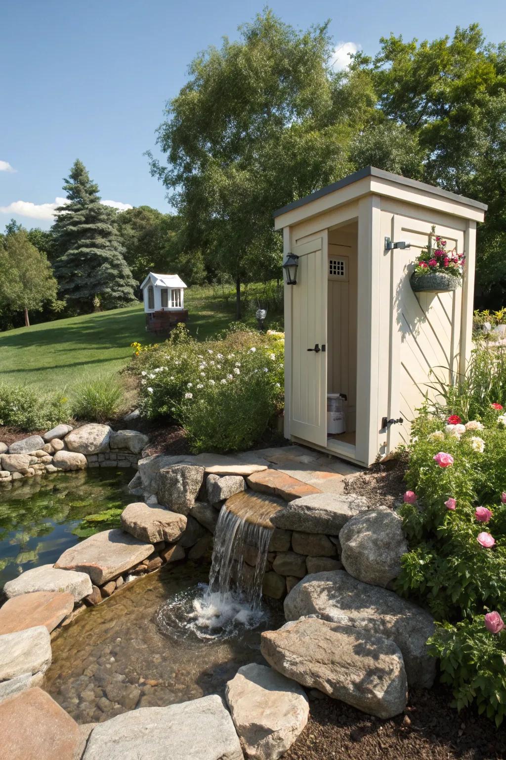 Water features add tranquility to outdoor restrooms.