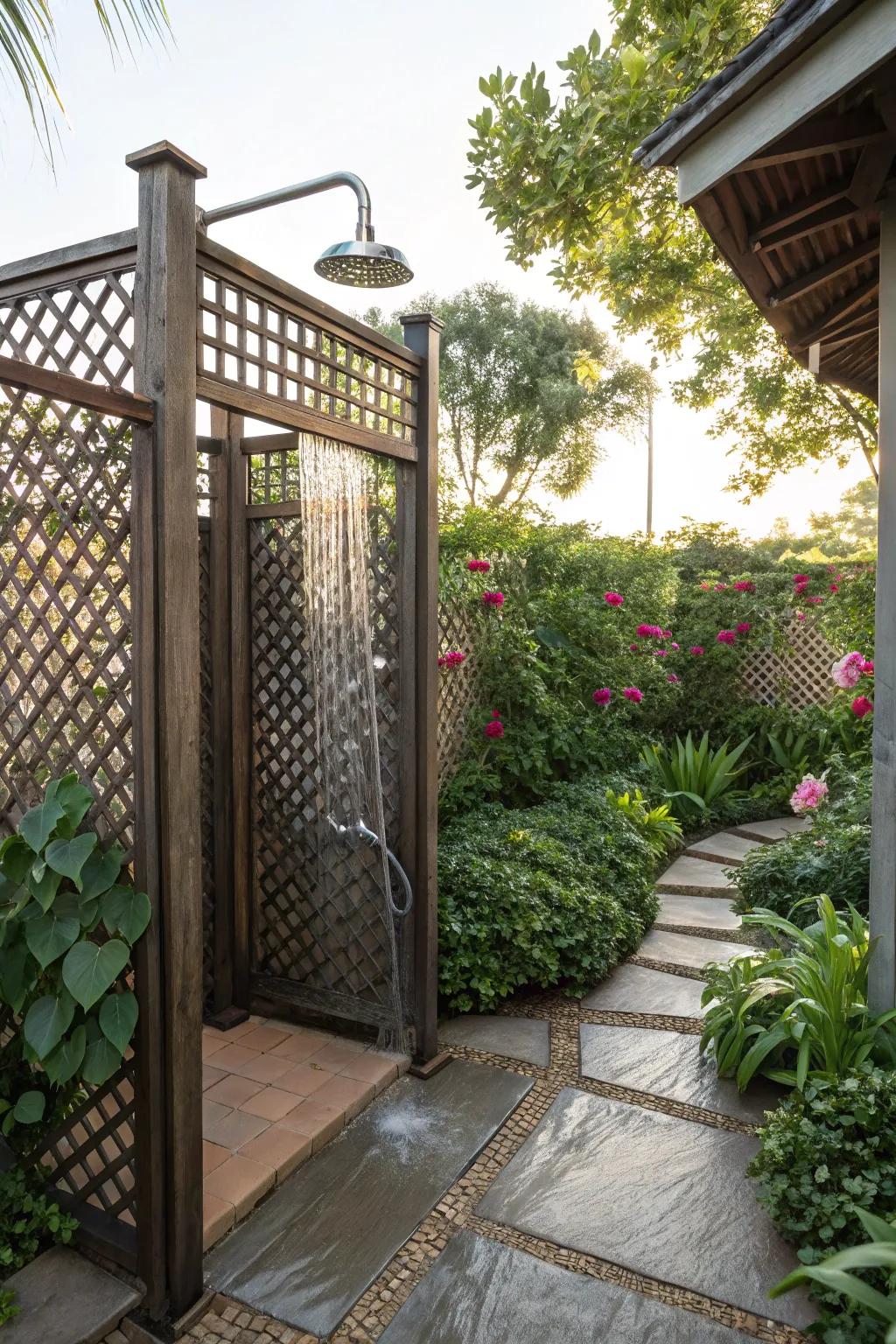 A charming outdoor shower with intricate lattice panels.