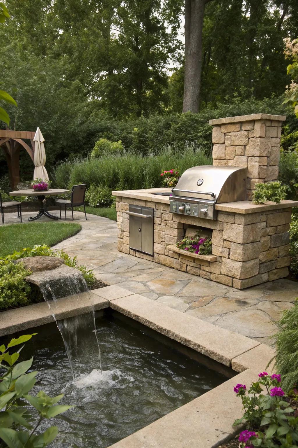 Add tranquility to your BBQ area with a nearby water feature.