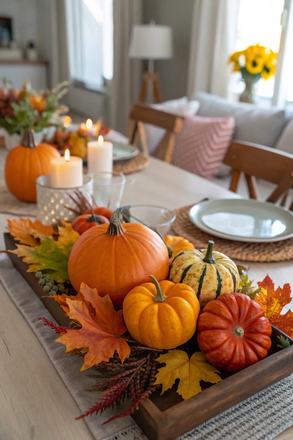 A cozy fall centerpiece with pumpkins and leaves.