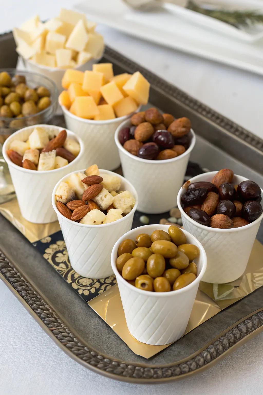 Convenient snack cups perfect for mingling and munching.