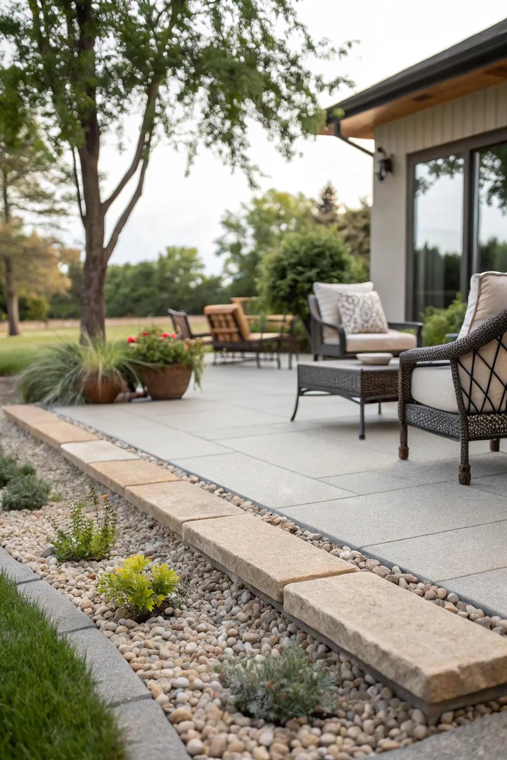 Accent your patio with pea gravel borders.