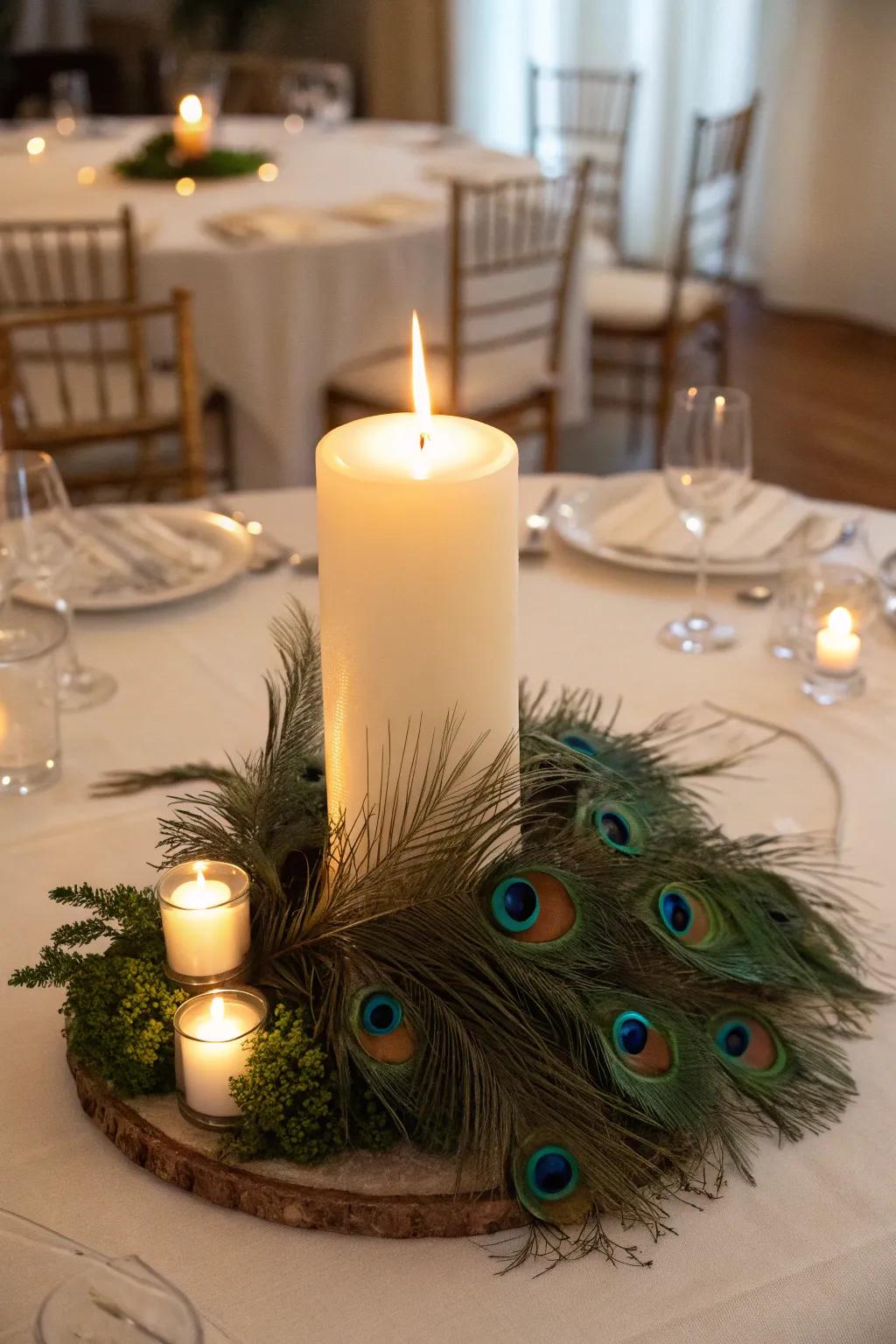 A cozy centerpiece with peacock feathers and candlelight.