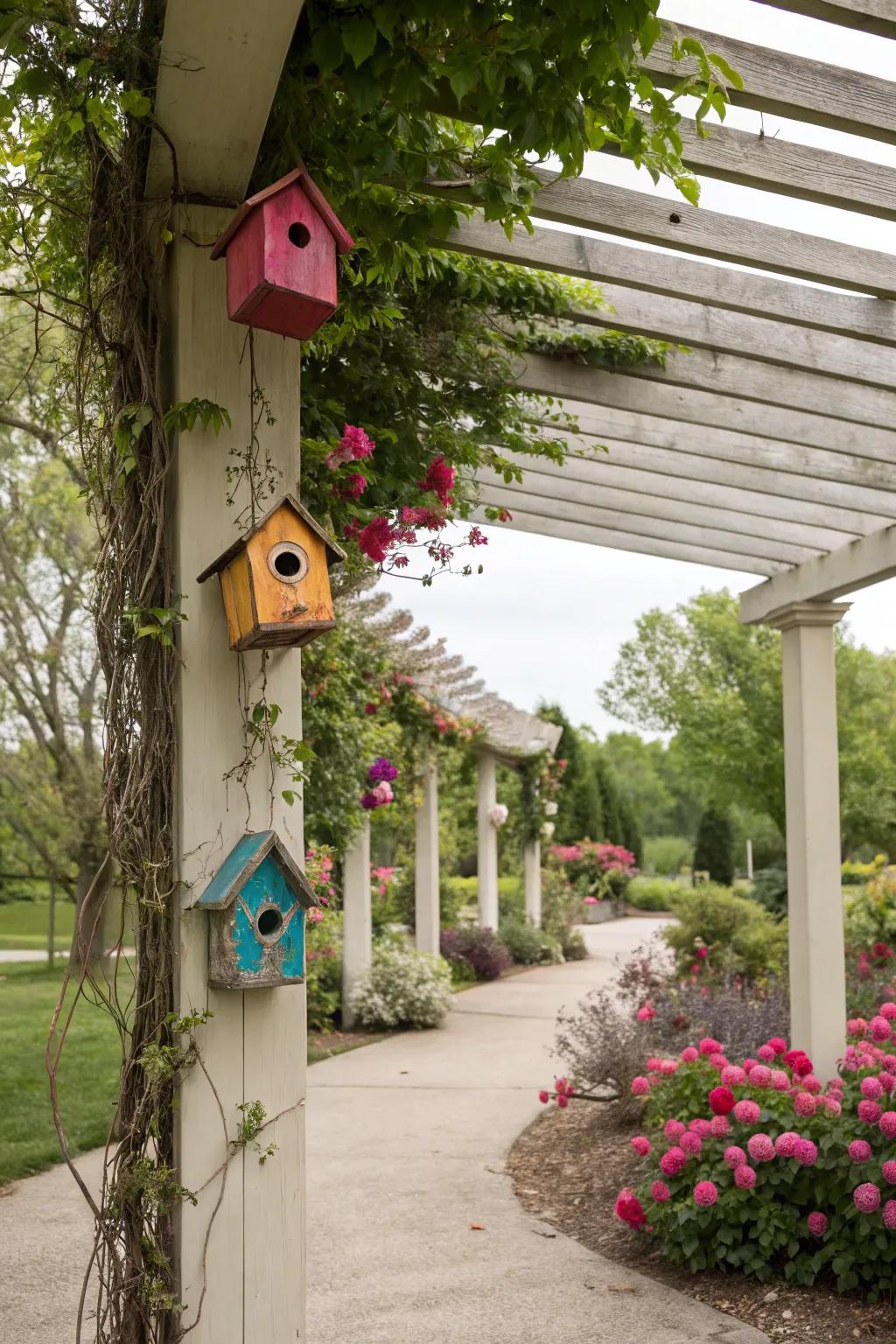 Whimsical birdhouses add charm and invite nature to your pergola.