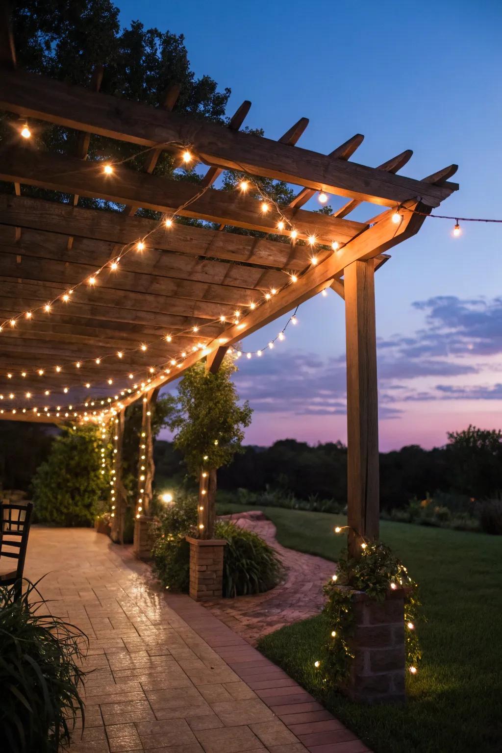 String lights add a magical touch to your pergola at night.