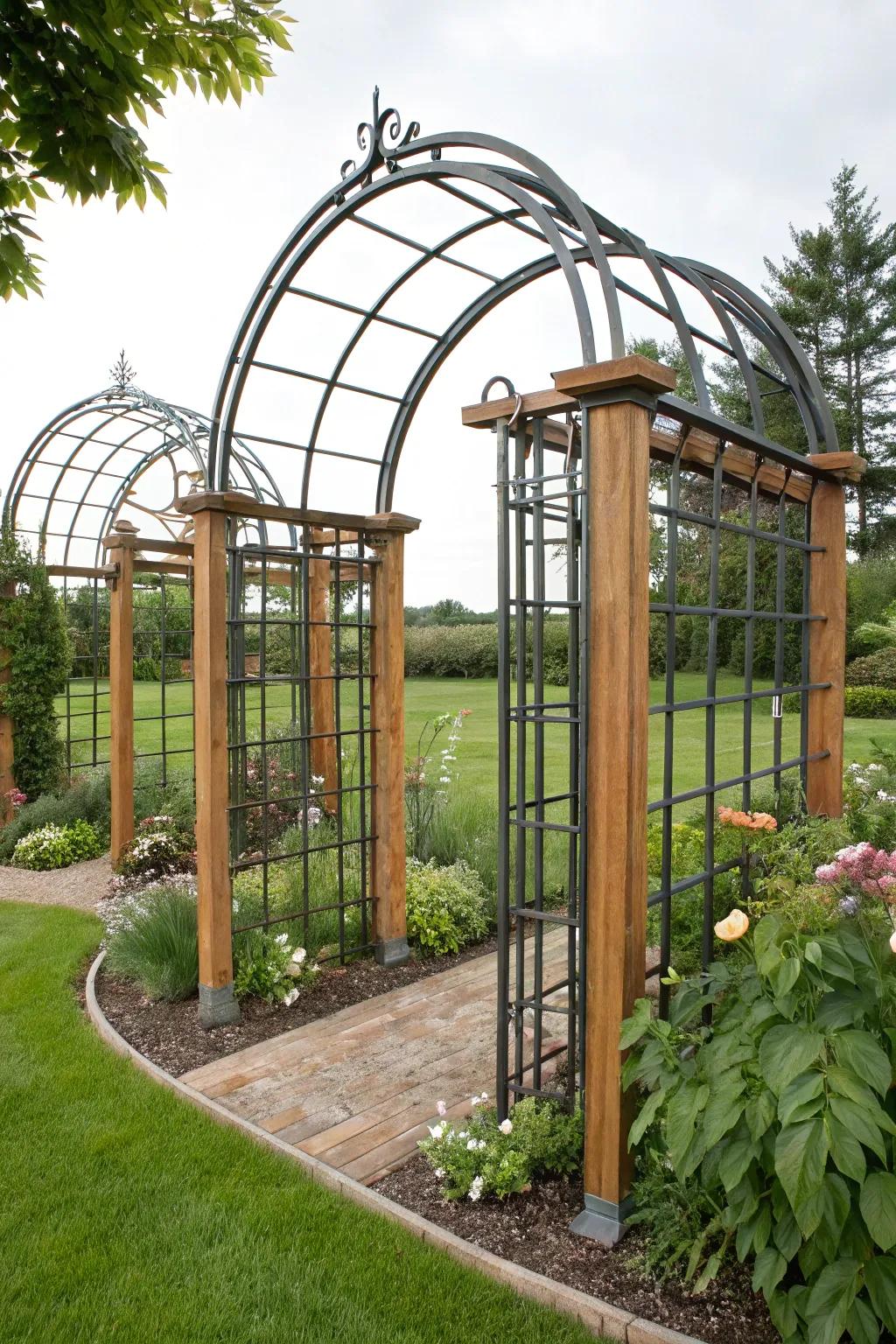 A fusion of metal and wood creates a striking arbor design.